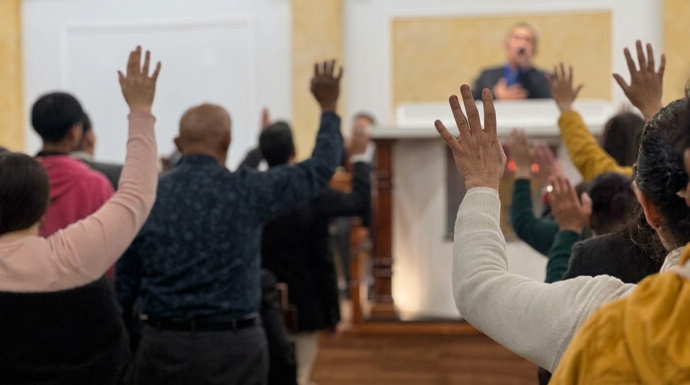 La congregación con las manos levantadas durante el culto